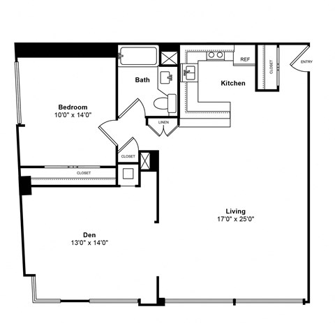 Floor plan for 1 bed, 1 bath, 850 sqft